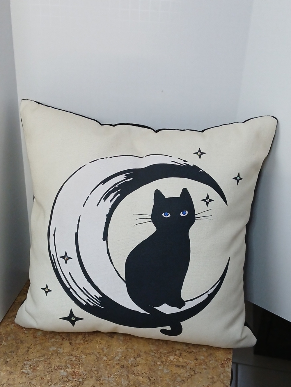 Cream and Black Decorative Black Cat on Moon Pillow